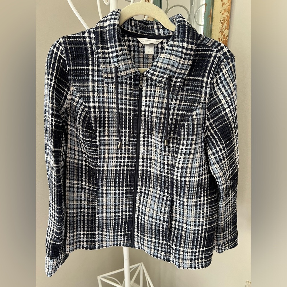 Christopher & Banks NWT zip jacket lightweight M Womens‎ navy white plaid waffle